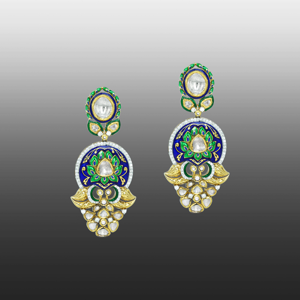Polki Earrings with Blue-Green Enamel and Gold Accents